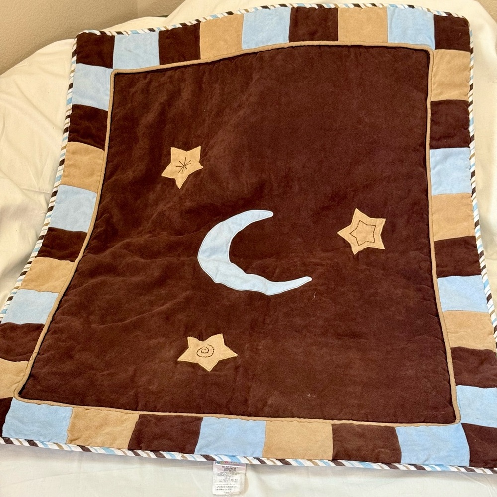 GEENNY Baby Blanket Brown Blue Moon & Stars Appliqué 36x45 Nursery Soft Plush